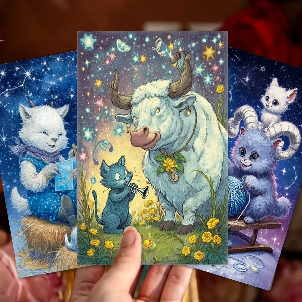 32 Stück, Cartoon-Sternzeichen-Katzen-Postkarte, Geburtstags-/Jubiläumsgeschenk, Sammlerstück, geeignet zum Verschenken, kann per Post verschickt werden.