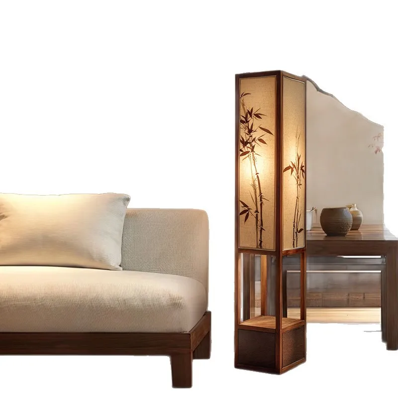 

Song Dynasty Aesthetics, Solid Wood Art Bamboo Leaf Painting, Square Vertical Lamp, Floor Lamp, Zen Retro