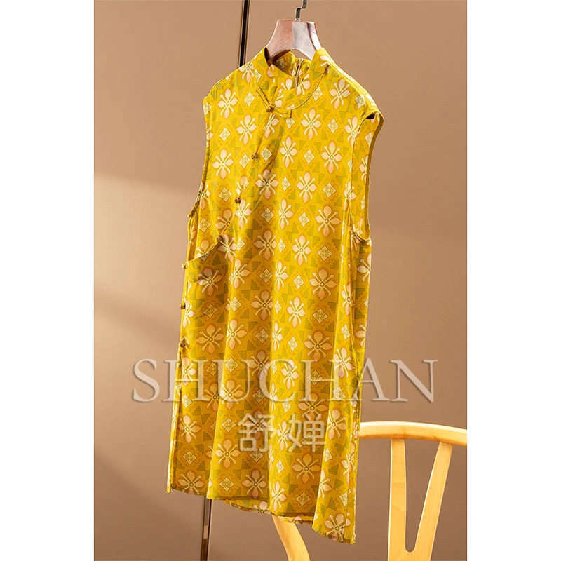 Hell und bewegend, neues chinesisches Seiden-Doppel-Krepp-Druck-Cheongsam-Kragen, Taschenärmel, mittleres und langes Hemd für Damen 06E8