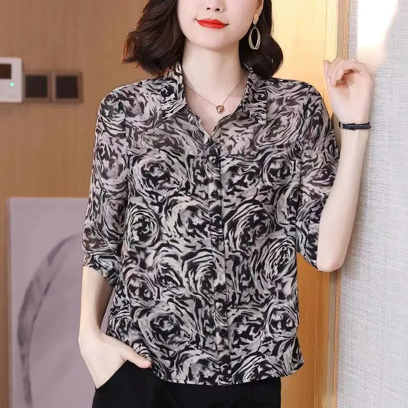 Office Lady Elegant Turn-down Collar Blouse Vintage Rose Printed Summer Casual Half Sleeve Women\'s Stylish Single-breasted Shirt