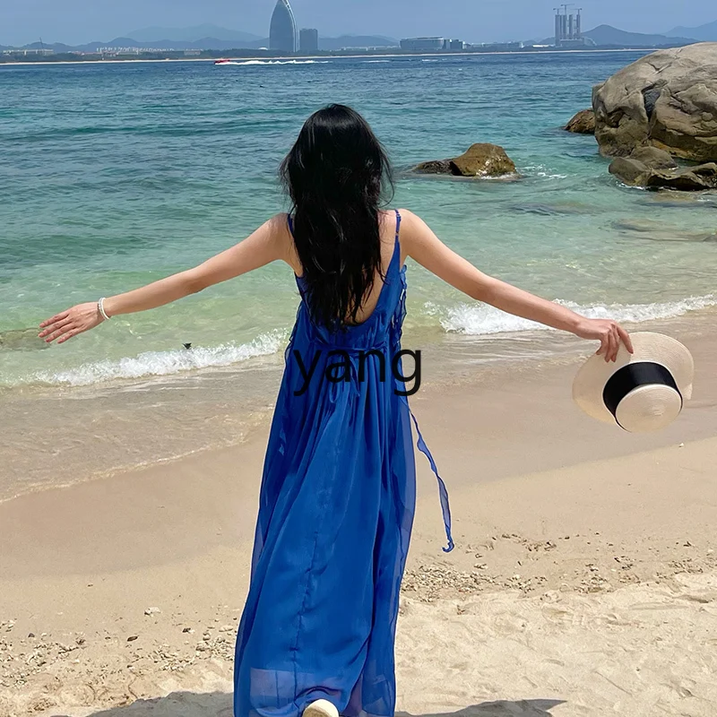 

LMM Klein blue holiday dress super fairy backless summer beach dress