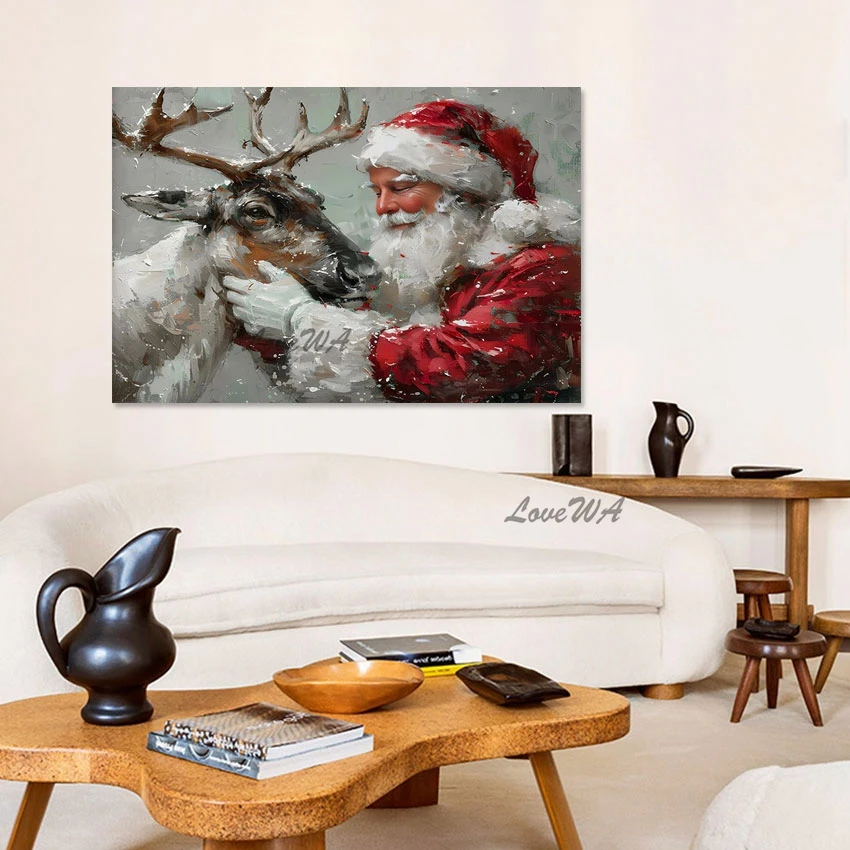 High Quality Santa And The Moose Handamde Oil Painting Christmas Home Decoration Modern Art Canvas Wall Pictures For Living Room