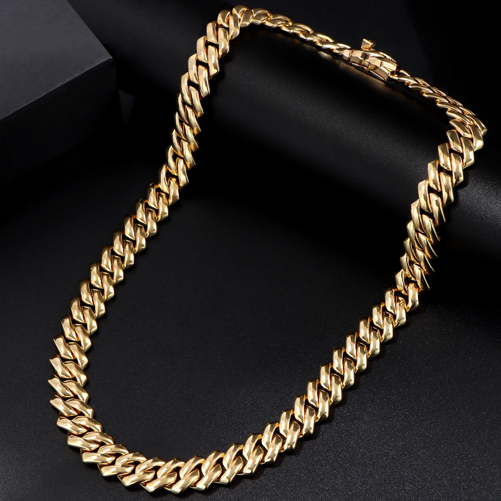 Hip Hop Gold Plated Cuban Chain Necklace Men Women 14MM Chunky Rhombus Rapper Necklace Hiphop Jewelry Wholesale