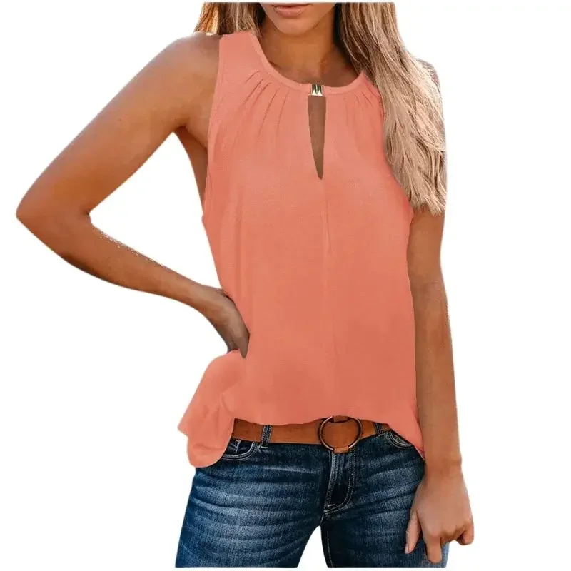 

Women Metal Button Patchwork O Neck Vest Hollow Out Small V Pleated Tank Tops Daily Casual Camis Tees Female Sleeveless T-Shirt