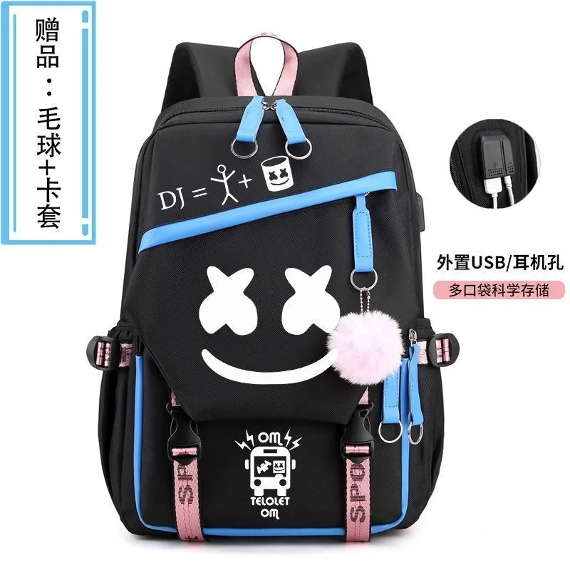 Malla transpirable, con USB, jack de 3,5 mm, negro, azul, rosa, blanco, amarillo, Marshmello, mochilas escolares para niños y adolescentes, mochilas de anime para niñas y niños