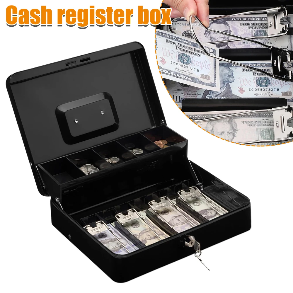 1 pièce de boîte à monnaie avec clé – Petite boîte à monnaie verrouillable avec compartiment à pièces, tirelire portable en acier pour pièces de monnaie, billets, bijoux, notes, maison, bureau, coffre-fort portable avec tiroir, 5 compartiments, serrure à clé, compatible avec les caisses enregistreuses