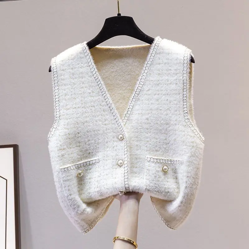 

Women's Cardigan V-neck Beading Button Sweater Spring Autumn New Commute Sleeveless Patchwork Pockets Loose Knitted Coat Tops