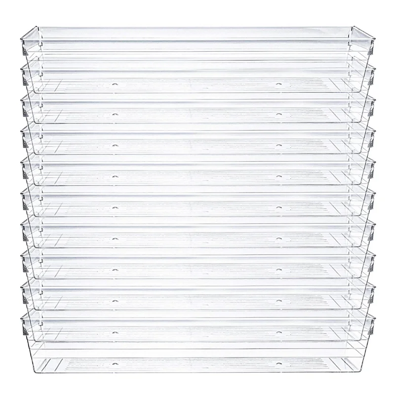 10 Pack 12 x 3 x 2 Inch Clear Drawer Organizer Trays, Desk Drawer Divider Storage Bins, Storage Box Set for Kitchen