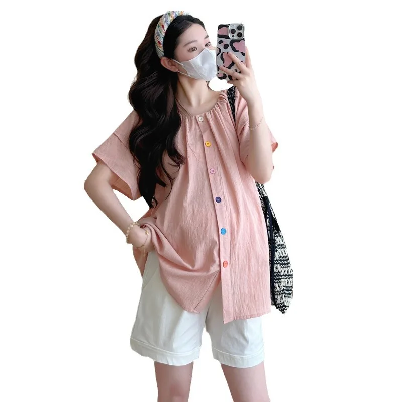 Atasan Kemeja Boneka Manis Lengan Gelembung Longgar Korea Musim Panas Hamil 2025, Celana Pendek Penyangga Pinggang Set Dua Potong