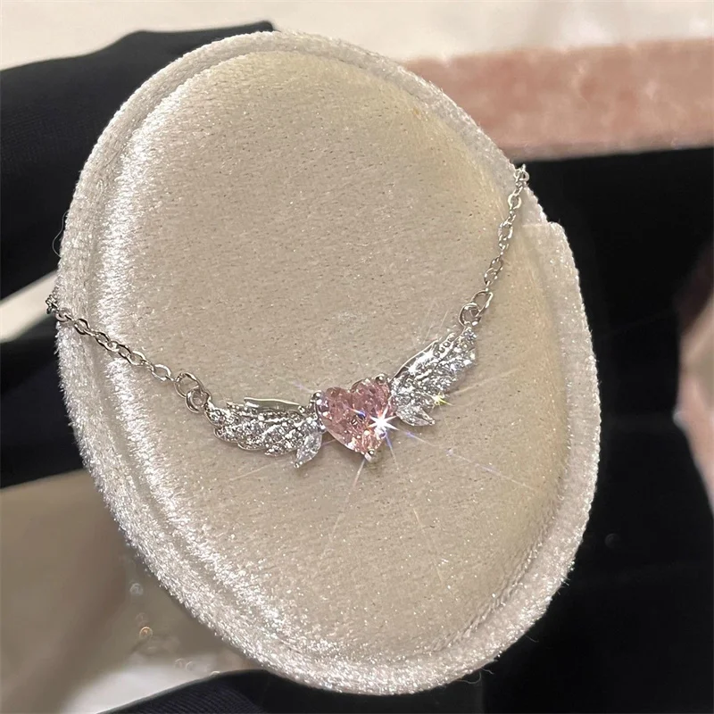 Exquisite Angel Wings Pink Rhinestone Love Necklace For Women Elegant Sweet Alloy Necklace Atmosphere Accessories Jewelry Gifts