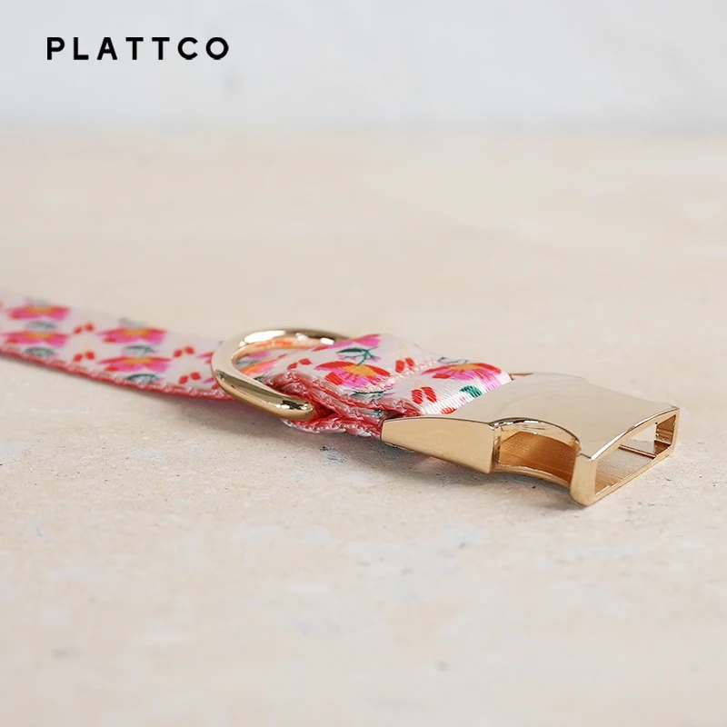 PLATTCO unique design dog collar print Pink Rose pattern with high quality light color zinc alloy buckle 5 size PDC346G