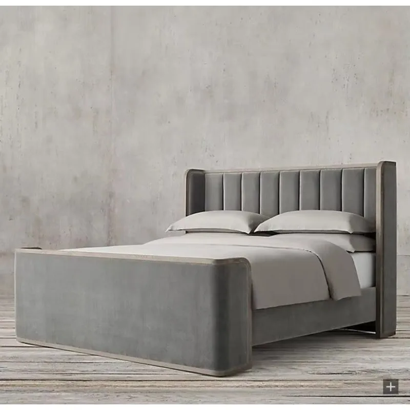 American Rural Solid Wood Retro Fabric Upholstery High and Low Tail Double Bed Villa Hotel Customizable Furniture