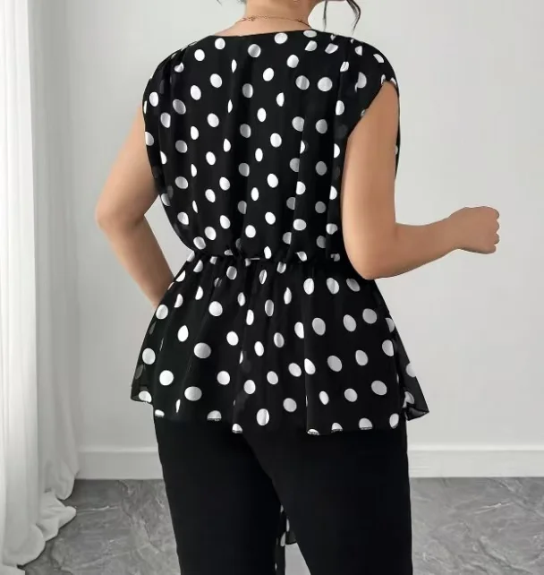 Plus Size Women's Polka Dot Chiffon Blouse, Waist-cinching Belly-covering Slimming V-neck Sleeveless Ruffled Top Summer Ho