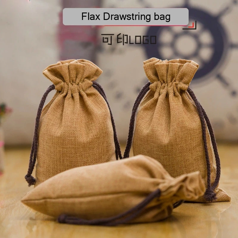 Flax Linen Jewelry Gift Bags 8x11cm 9x12cm 10x15cm 13x17cm pack 50 Custom Logo Sack Cosmetic Jute Drawstring Pouches