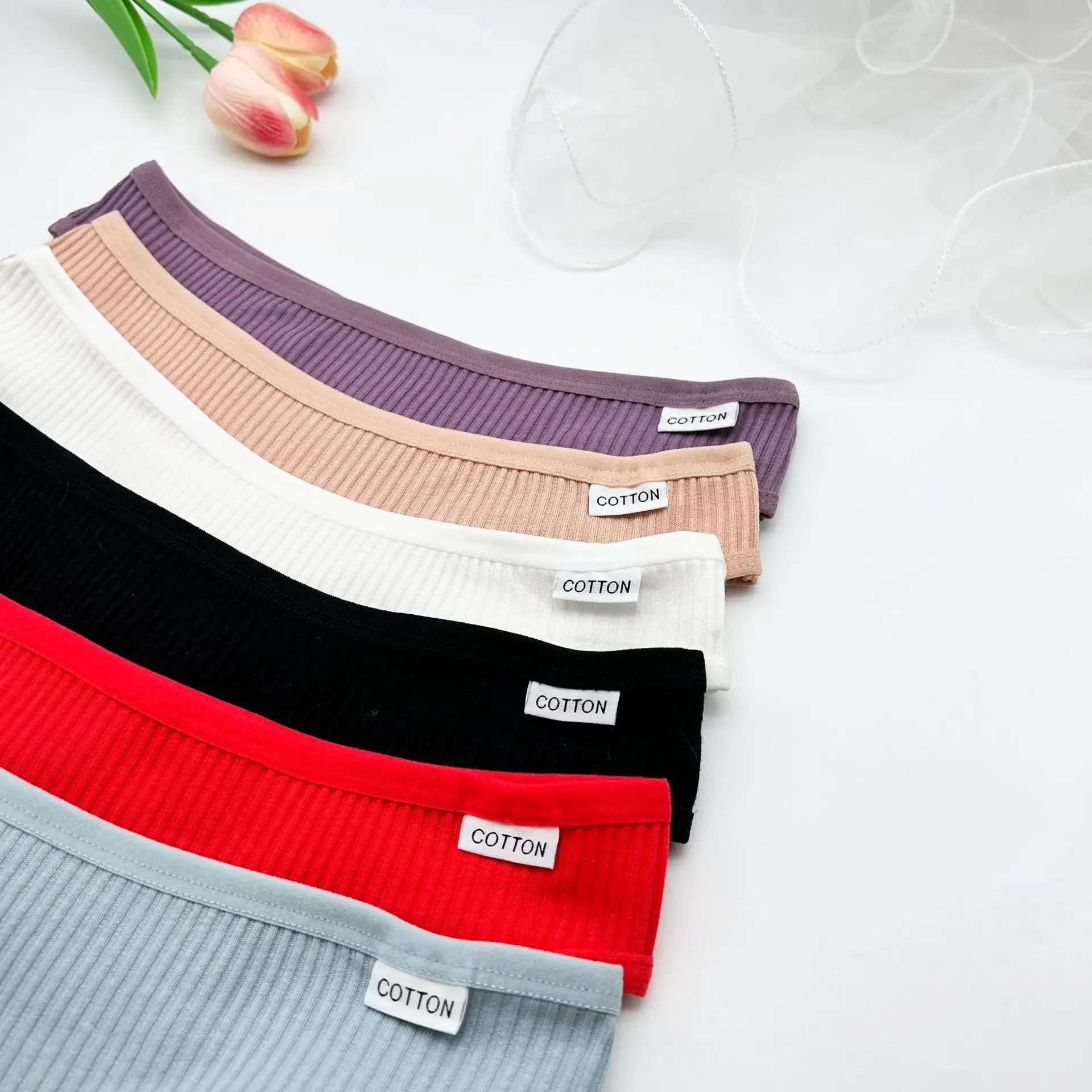 6Pcs/Set Women Cotton Thongs Panties Female Ribbed Low Rise G-String Ladies Sexy Bikini 7 Solid Color Girl Soft M-XL Intimates