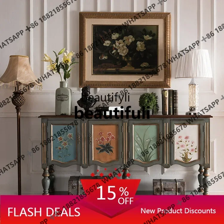 American Style Entrance Cabinet Living Room Long Console Storage Vintage Painted Sideboard