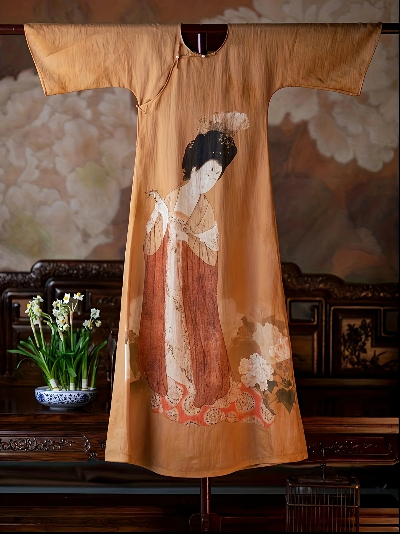 Robe Cheongsam à manches 3/4 pour femmes, motif de figure, style chinois vintage, robe Qipao, vêtements pour femmes