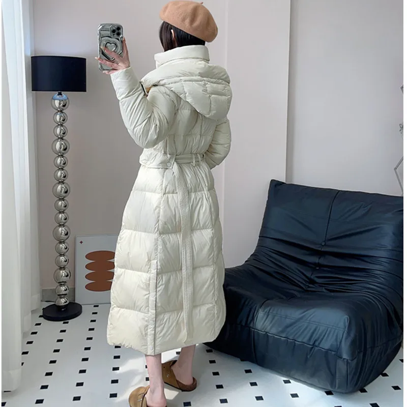 أسود 90% أسفل الأبيض بطة أسفل سترة 2025 شتاء موضة جديدة مزاجه سليم مقنعين أسفل معطف الإناث سترة دافئة معطف طويل