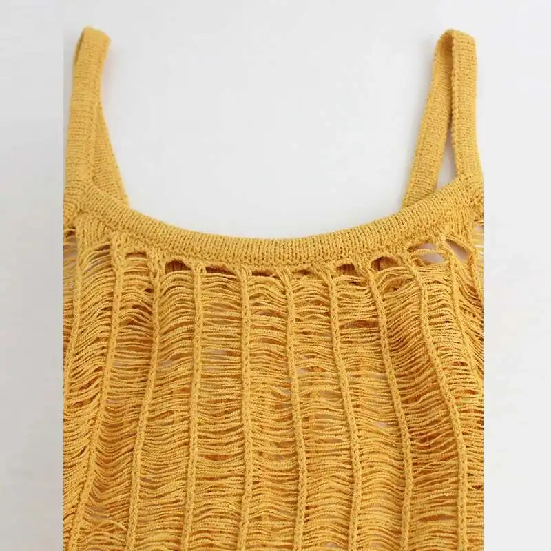 Gelbe Hosenträger Strand Sexy Hohl Gestrickte Slim Fit Cover Up Langes Kleid Sommer Urlaub Frauen O Hals Ärmellose Badeanzug