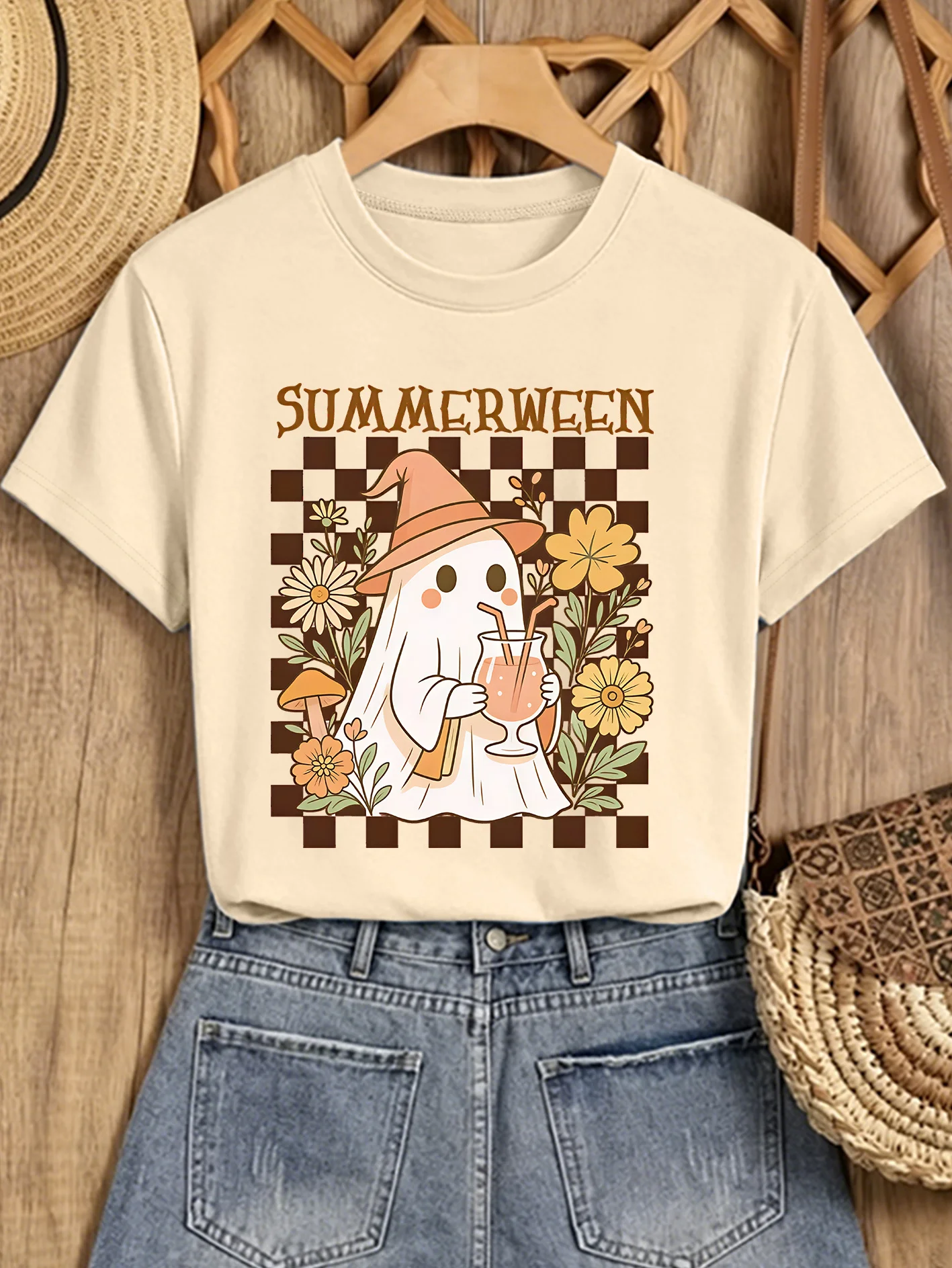 Halloween Ladies SUMMERWEEN Checkerboard Flower Mushroom Wearing Wizard Hat Ghost Text Print Round Neck T-shirt Comfortable Top