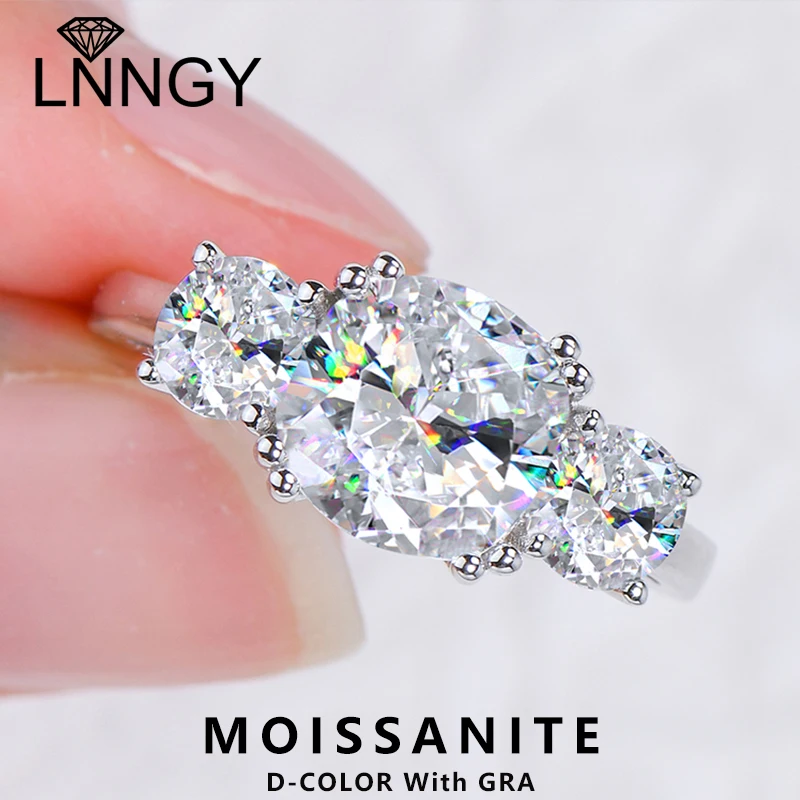 Lnngy Round Cushion Cut Moissanite Engagement Ring for Women 925 Sterling Silver Three Stone Wedding Ring Sparkling Jewelry Gift