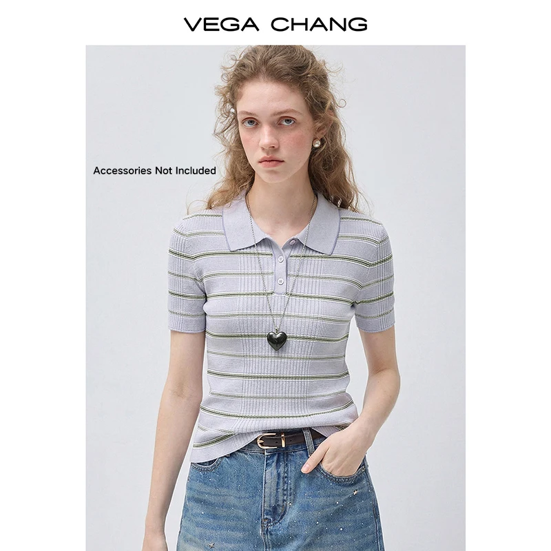 

Vega Chang New Summer Style Women's Stripesd Short-Sleeved T-Shirt Olo Collar Knitwear