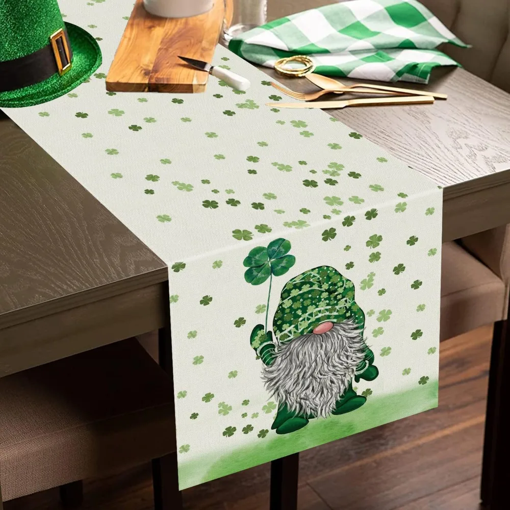 St Patricks Day Table Runner Leprechaun Gnome Shamrock Seasonal Irish Holiday Table Decorations for Home Outdoor Party