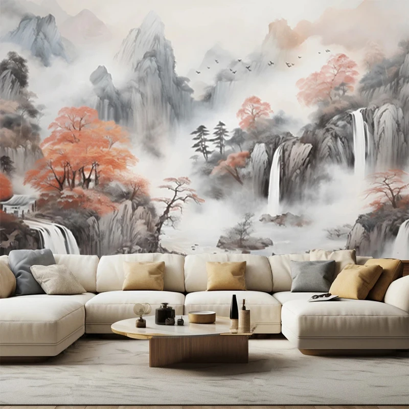 Custom Size Chinese Style Nature Landscape Mountain Waterfall Autumn Maple Trees Mural Wallpaper 3D Backdrop Wall Art Home Decor