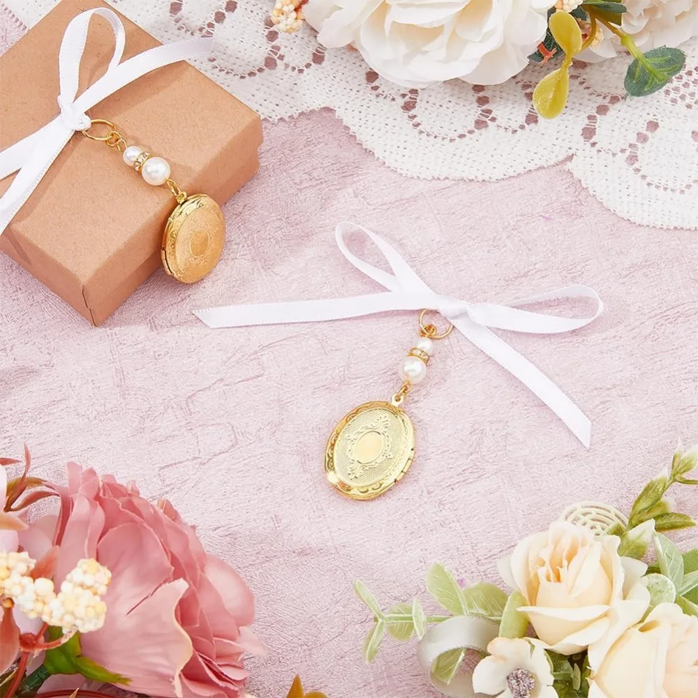 2PCS Brass Wedding Bouquet Charms Locket Pendant Decorations with Acrylic Imitated Pearl Beads and Satin Ribbon Golden
