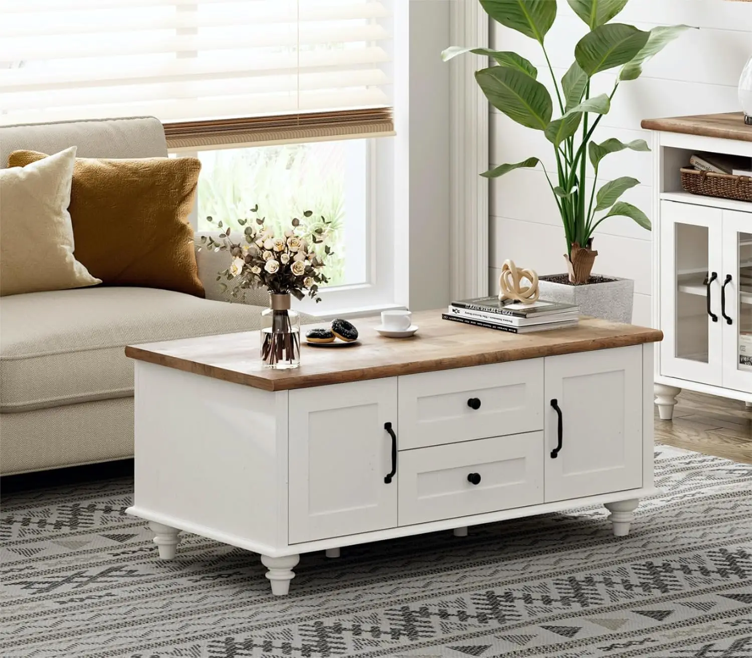 Modern Coffee Table with Storage Cabinet, White Coffee Tables for Living Room, Wood Rectangle Center Table with Drawer, White