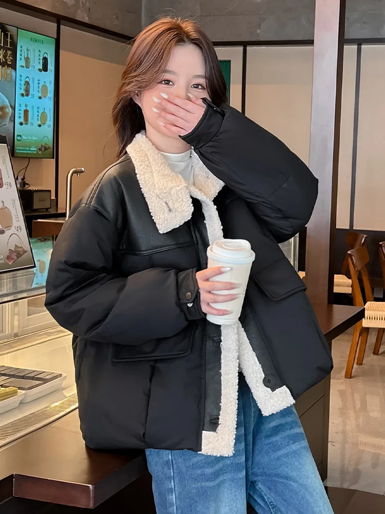 

Winter Korean Splicing Cotton Jacket For Women Faux Lamb Wool Patchwork Thick Coat Casual Fashion Loose Warm Jackets