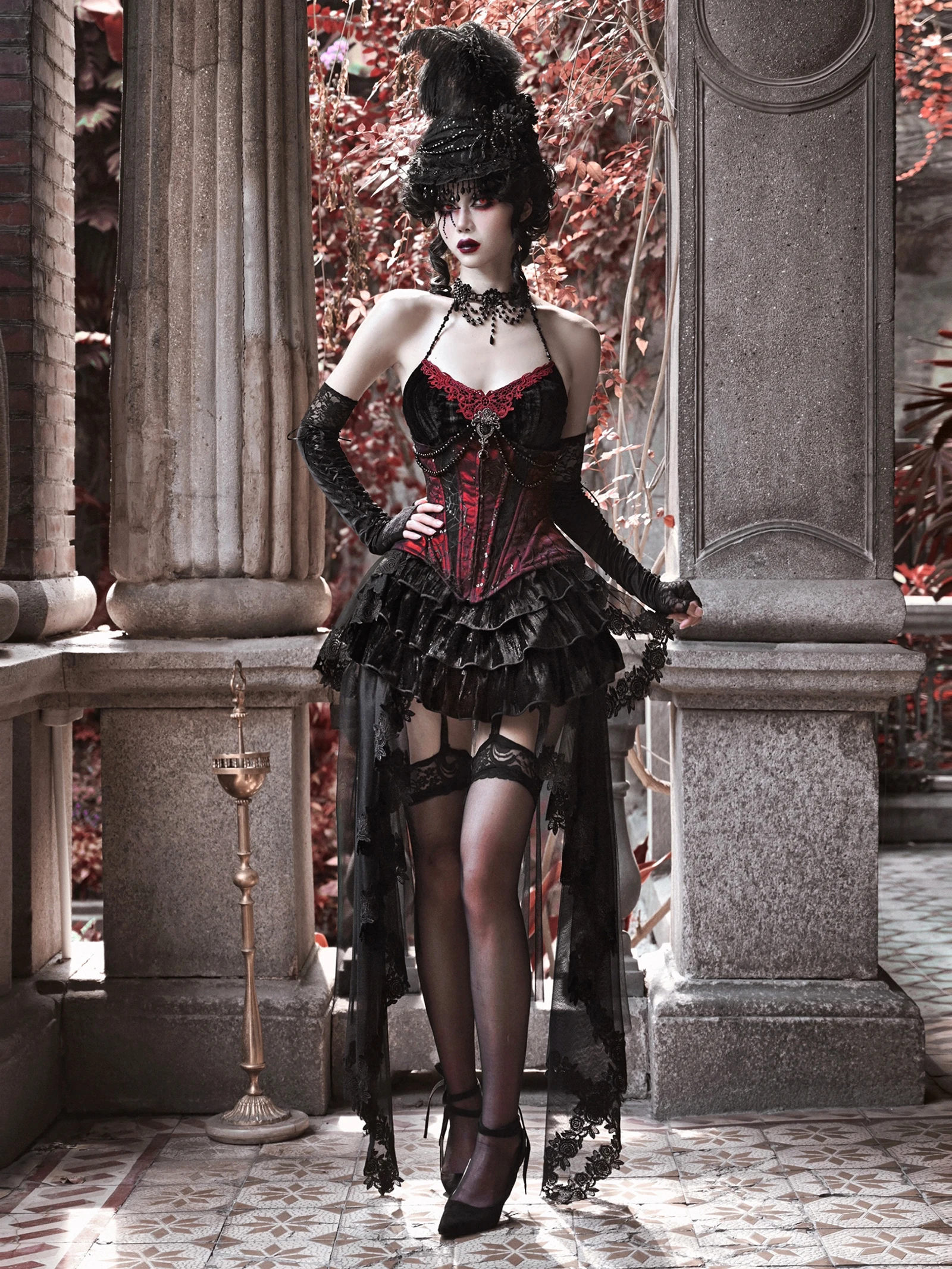 Blood Supply Original Duchess Gothic Velvet Fishbone Waist Halloween Dress Set Grunge Bead Neck Black Red Slip Skirt Set Autumn