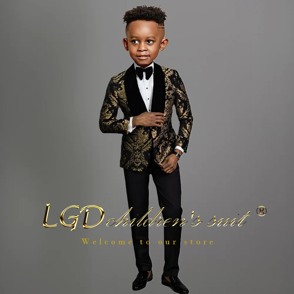 

Boys 2 Piece Velvet Shawl Lapel Suit Personalized Floral Jacquard - Perfect for, Proms, Celebrations, Weddings and More