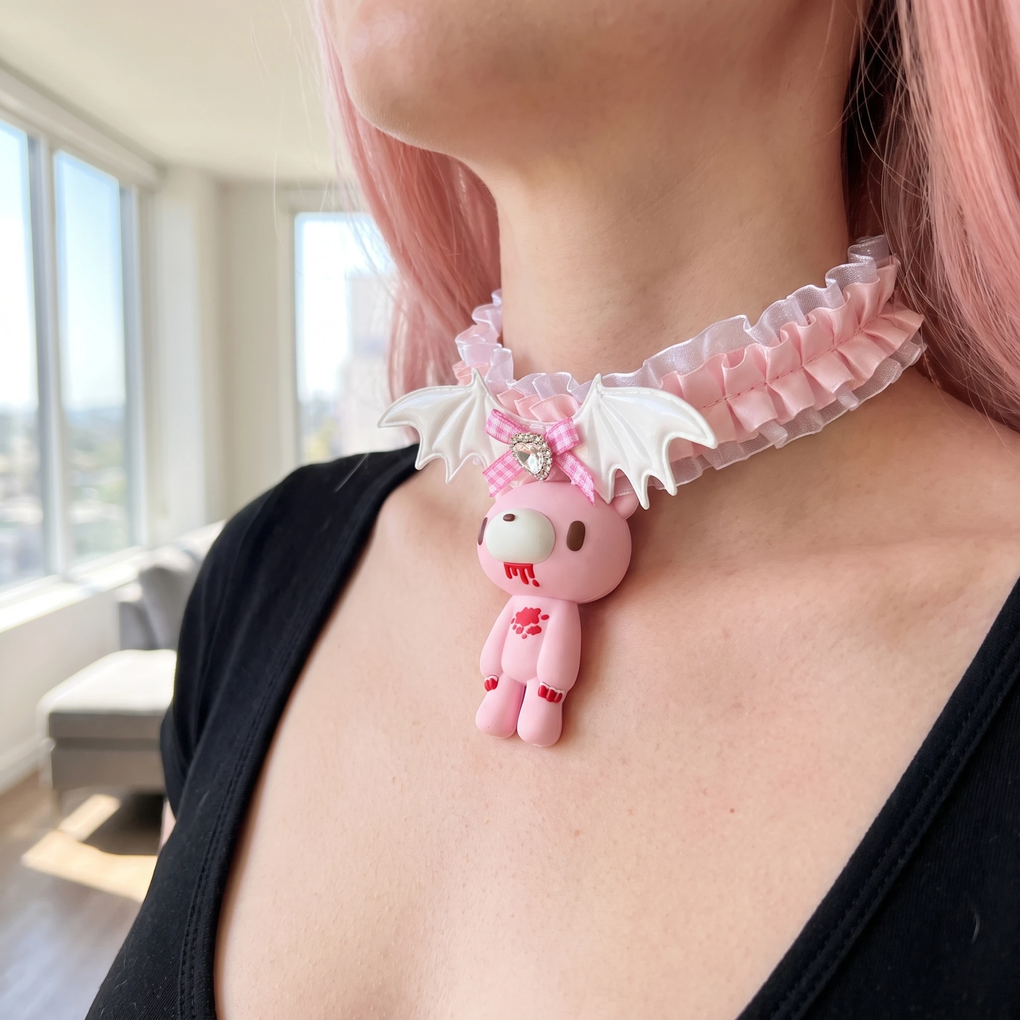 Kawaii Bear Pendant Choker Bat Wing Lace Ruffled Necklace E-girl Gothic Adjustable Neck Jewelry