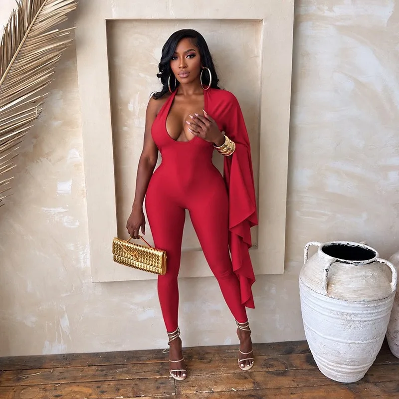 Women Sexy One Shoulder Shawl Skinny Jumpsuits Deep V-neck Lace Up Halter Backless Ruched Peach Hips Slim Club Party Overalls