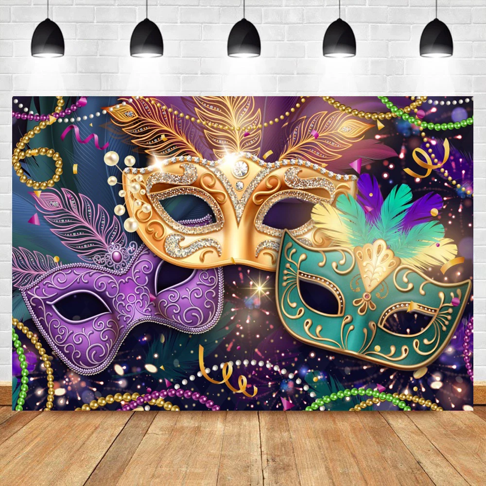 Laeacco Carnival Masquerade Photography Background Gold Mask Girl Birthday Adult Party Dancing Dress-up Festival Photo Backdrop