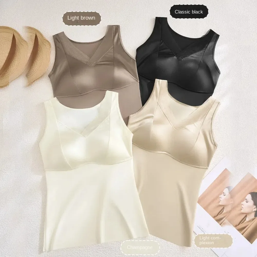 

Light Luxury Deep V-neck Satin Camisole With Chest Cushion Solid Color Crop Tops Sleeveless Slim Fit Suspender Vest Travel
