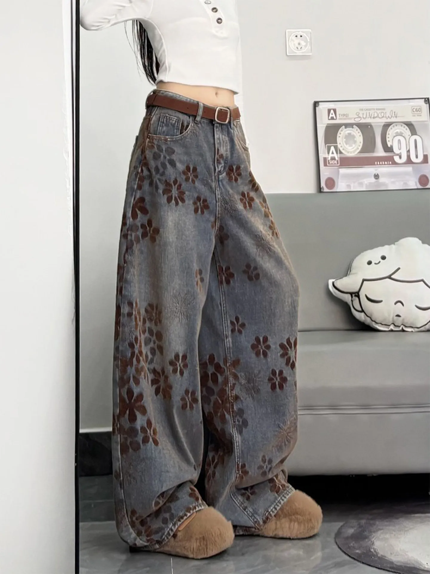 Retro Amerikanische Gestrickte Breite Bein Jeans frauen Lose Gerade Geschnitten Hosen Frühjahr Neue Design Schlankheits Wirkung Casual Jeans