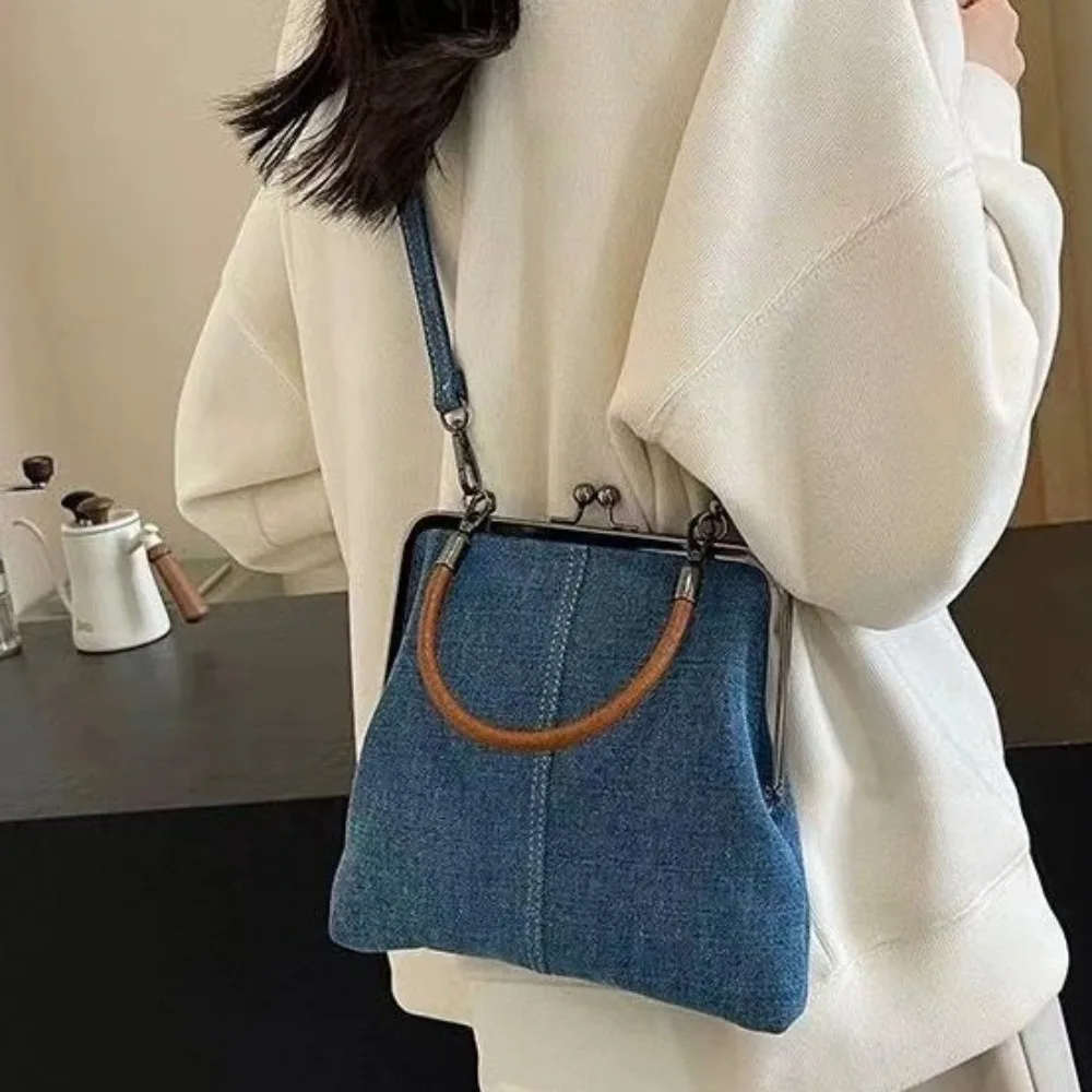 

New Portable Vintage Style Women Handbag Versatile Designer Shoulder Bag Navy Blue Lady‘s Denim Purses Crossbody Bags