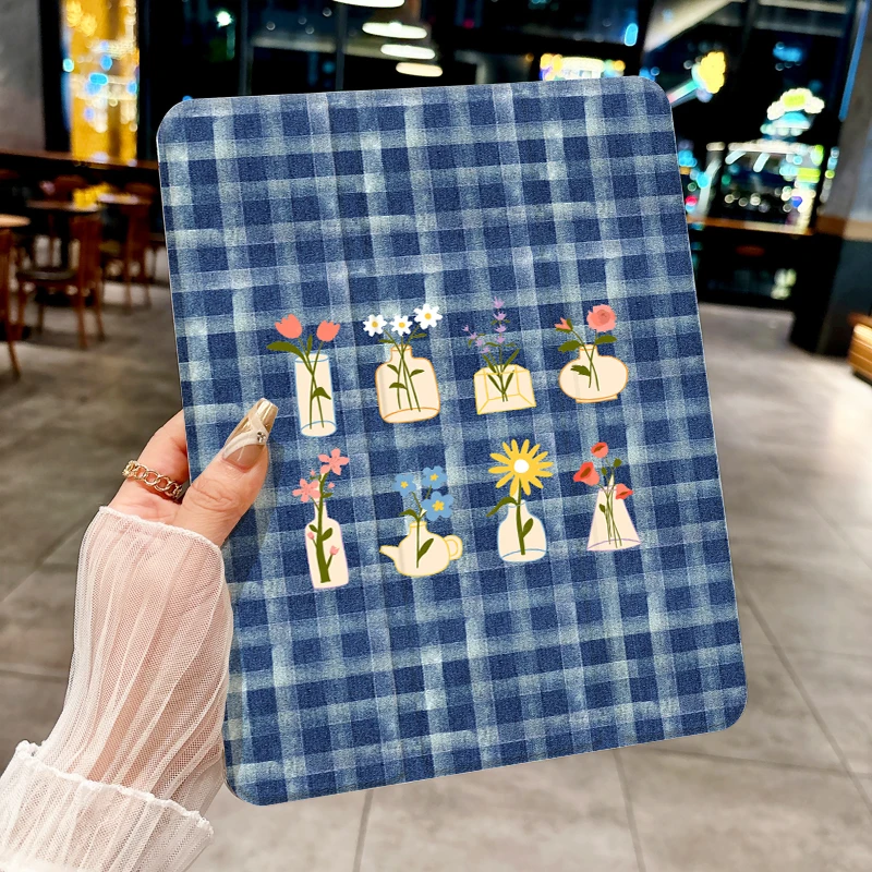 Denim checkered flower pad case for iPad pro 10/11-Inch 2020/6th/7th /8th /Air 3rd/Air 4th/9th gen/Air 5th Gen 2022/Air 11