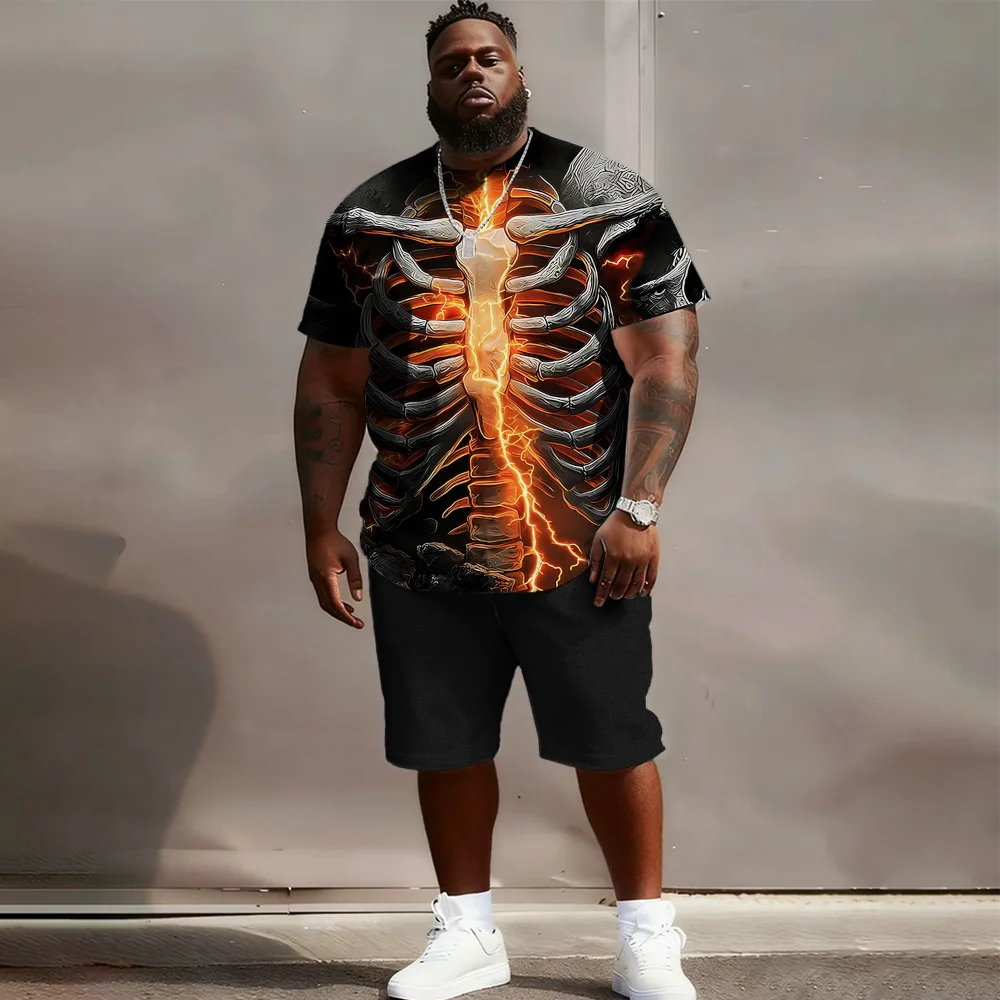 

S-9xl plus size Men's Short Sleeve Set: Skull-Edge Vibe - 2-Piece Big & Tall Fit, Soft Fabric, Sleek Distressed Skulls