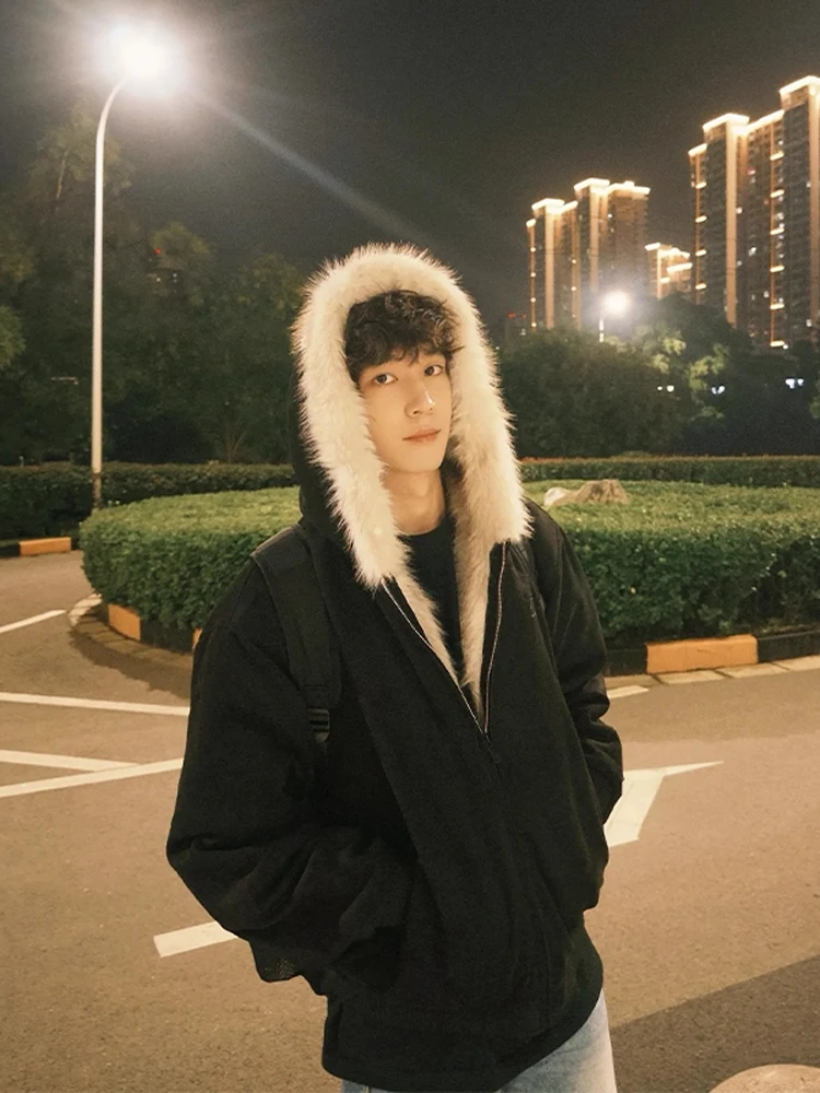 

Cleanfit Men's Winter Jaet Bla Hooded Fur Collar Coat American Sle Warmth Youth Faion Polyester Fiber Stand Fit