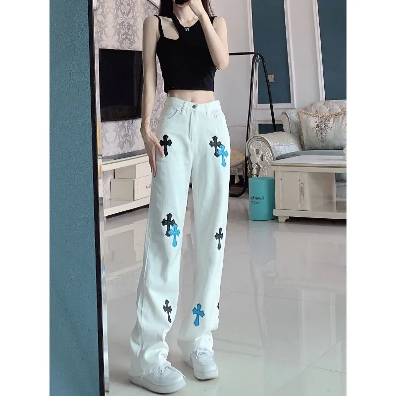 High Street Cross Print Design Jeans Women's New American Hot Girl Slimming Straight-Leg Wide-Leg Pants Fashion