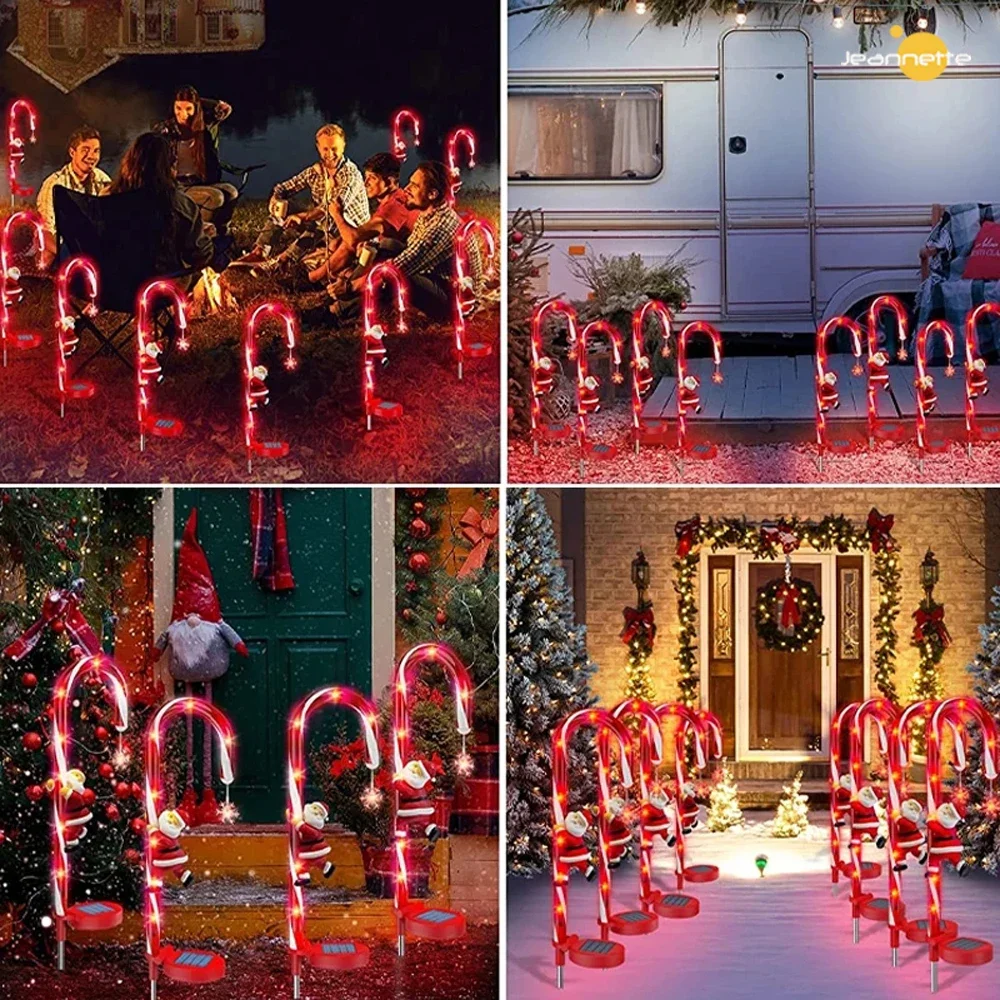 2PCS Candy Cane LED Solar Lights Christmas Lights Navidad Decor Outdoors Waterproof Cane Lights with Star Pathway Solar Lamp
