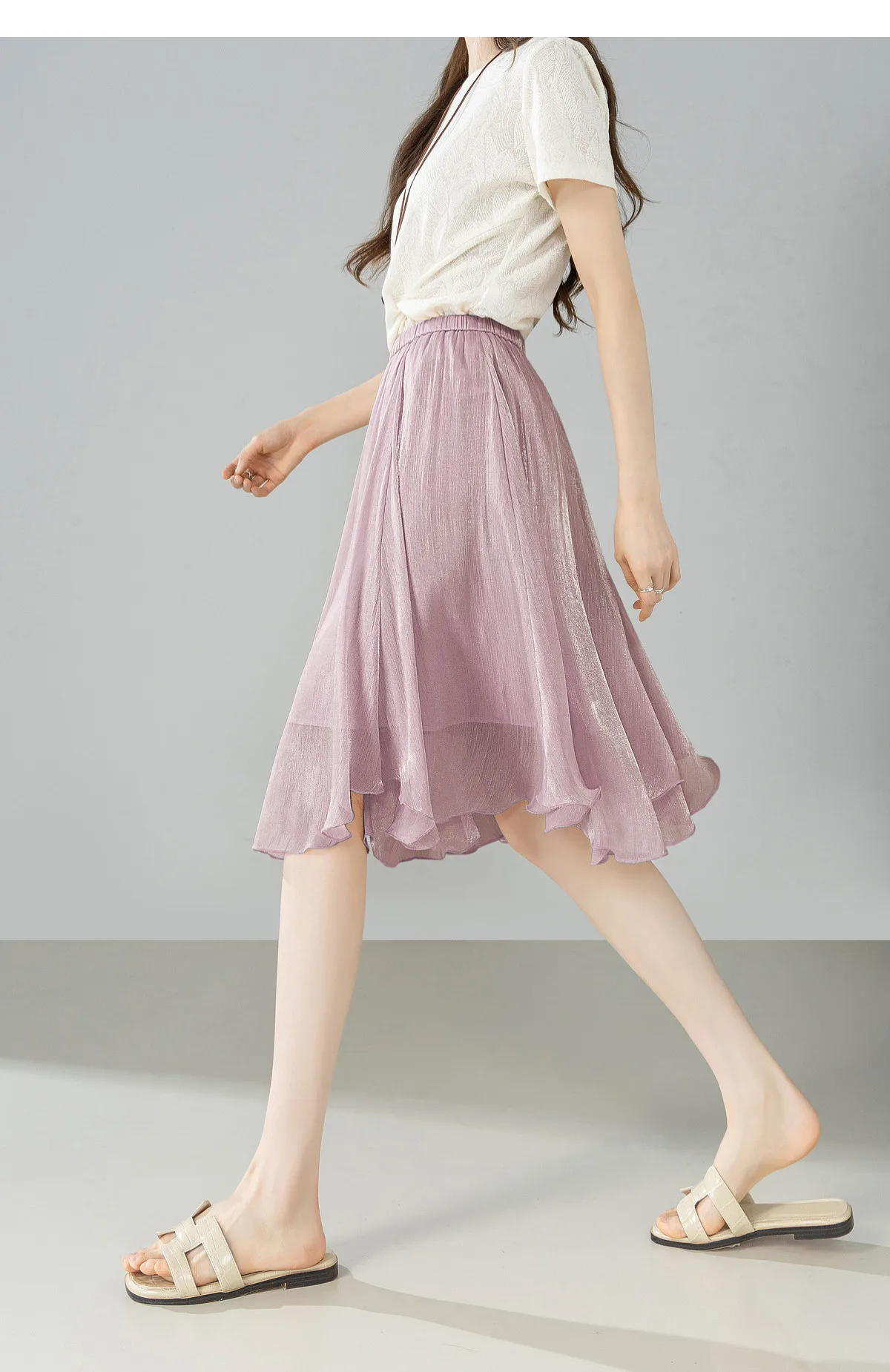 SENTUBILA Weißer Chiffon-Schimmerrock für Damen, Sommer 2026, Eleganter, Elastischer Bund, Unregelmäßiger, Lässiger Schirmrock Q62QG7308 – Detail 30