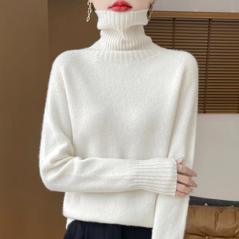 DjzDsm Autumn/Winter New 100% Pure Wool Women's High Neck Thickened Warm Fashion Knitted Sweater Top Long Sleeve Sweater