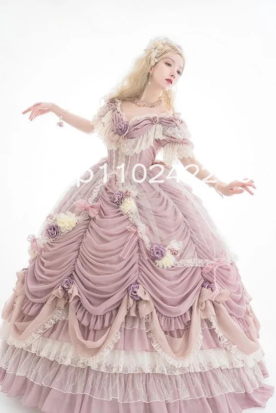 Vestidos de fiesta hinchados de rosa romántica, rosa pálido, falda con volantes fruncidos, apliques de Lolita OP, vestido de noche victoriano para Cosplay personalizado