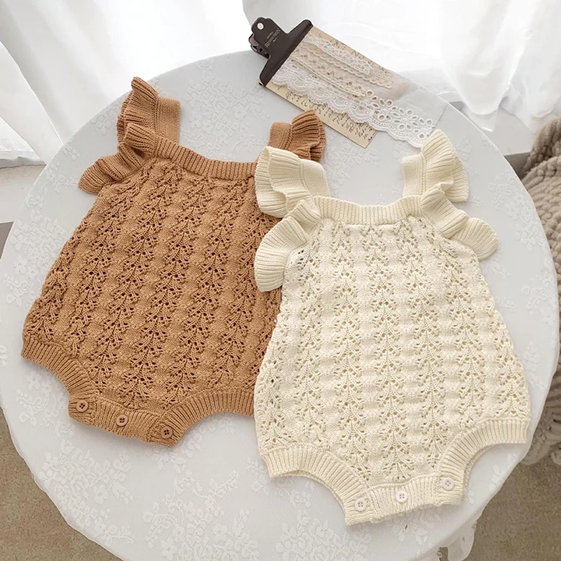 

Newborn Baby Girl Boy Bodysuit Knitted Autumn One-Pieces Solid Ruffled Jumpsuit Sleeveless Overalls Spring Baby Sunsuit Clothing