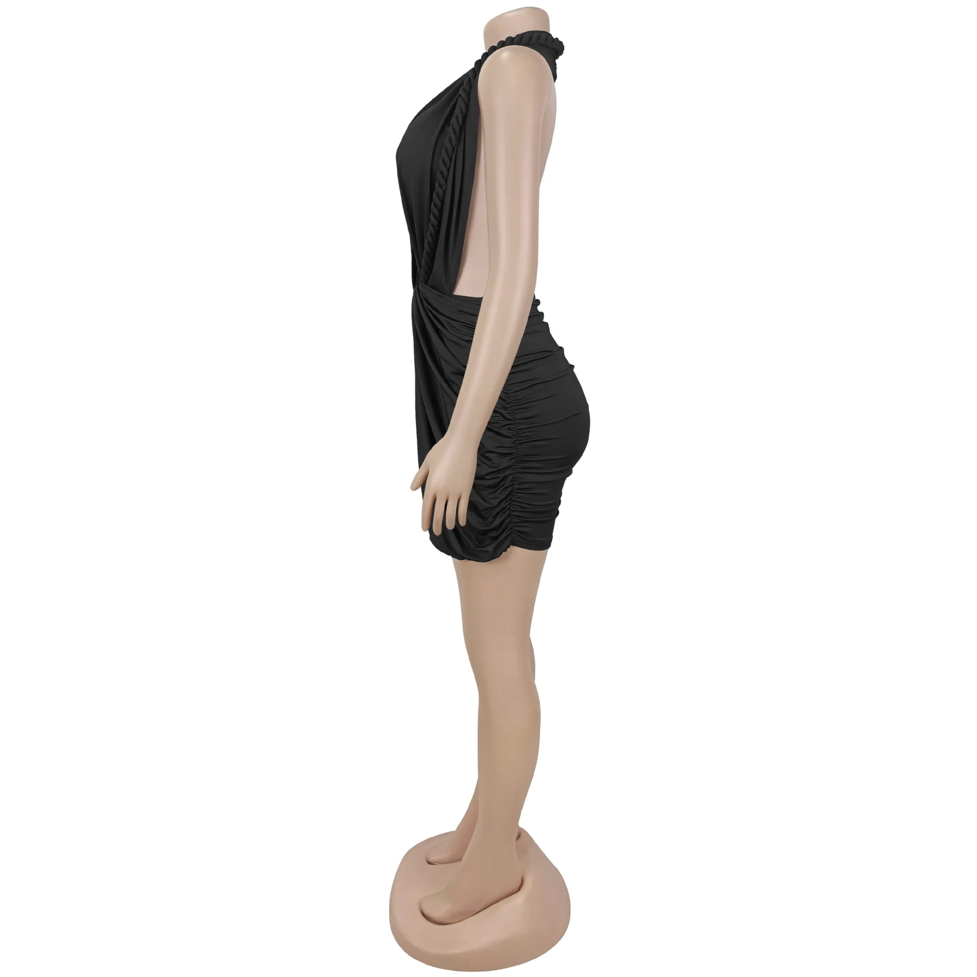 2026 Neues Damen Geflochtenes Wickelkleid mit Neckholder, Tiefem Ausschnitt und Rückenausschnitt, Sexy Geballtes Minikleid mit V-Ausschnitt für Geburtstag und Clubwear – Detail 9