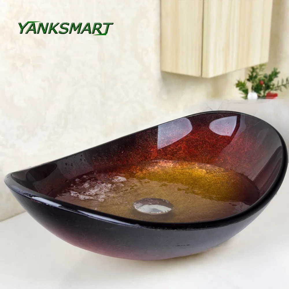 

YANKSMART Oval Artist Tempered Glass Bathroom Designer Counter-top Vessel Vanity Sink Basin Bowl With Pop Up Drain